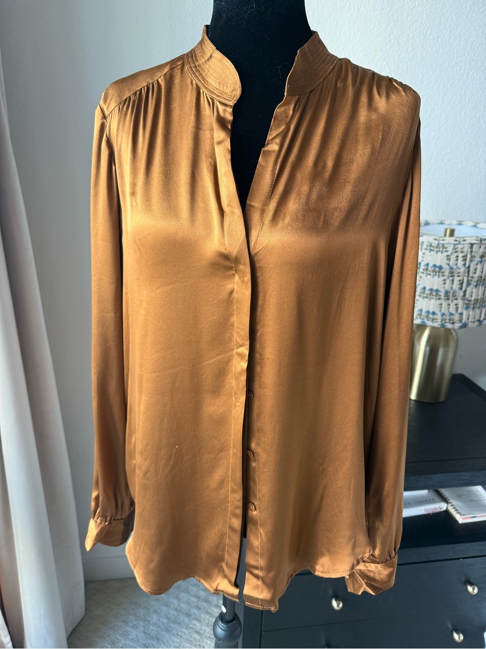 L'AGENCE Satin Button-Front Blouse in Copper Brown 100% silk
